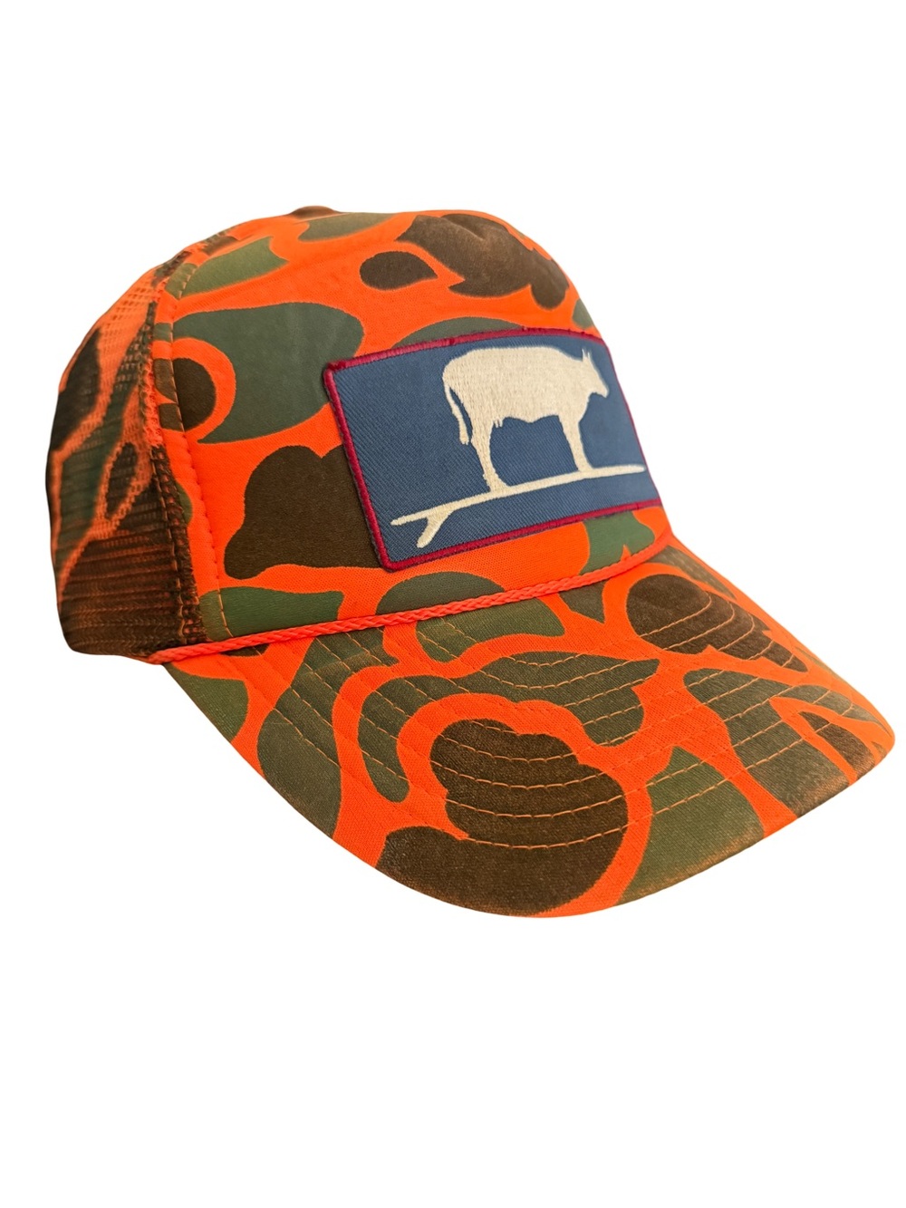 Vintage Nissun Trucker Hat Orange Camo Cow Surfboard Patch 90s Snapback Cap